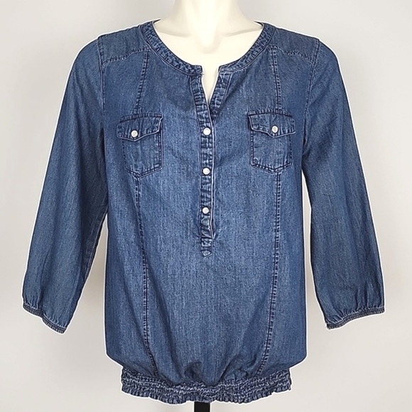 Jessica Tops - Jessica Women's Dark Denim Cotton Top 3/4 Sleeves 1/2 Button Up Size S